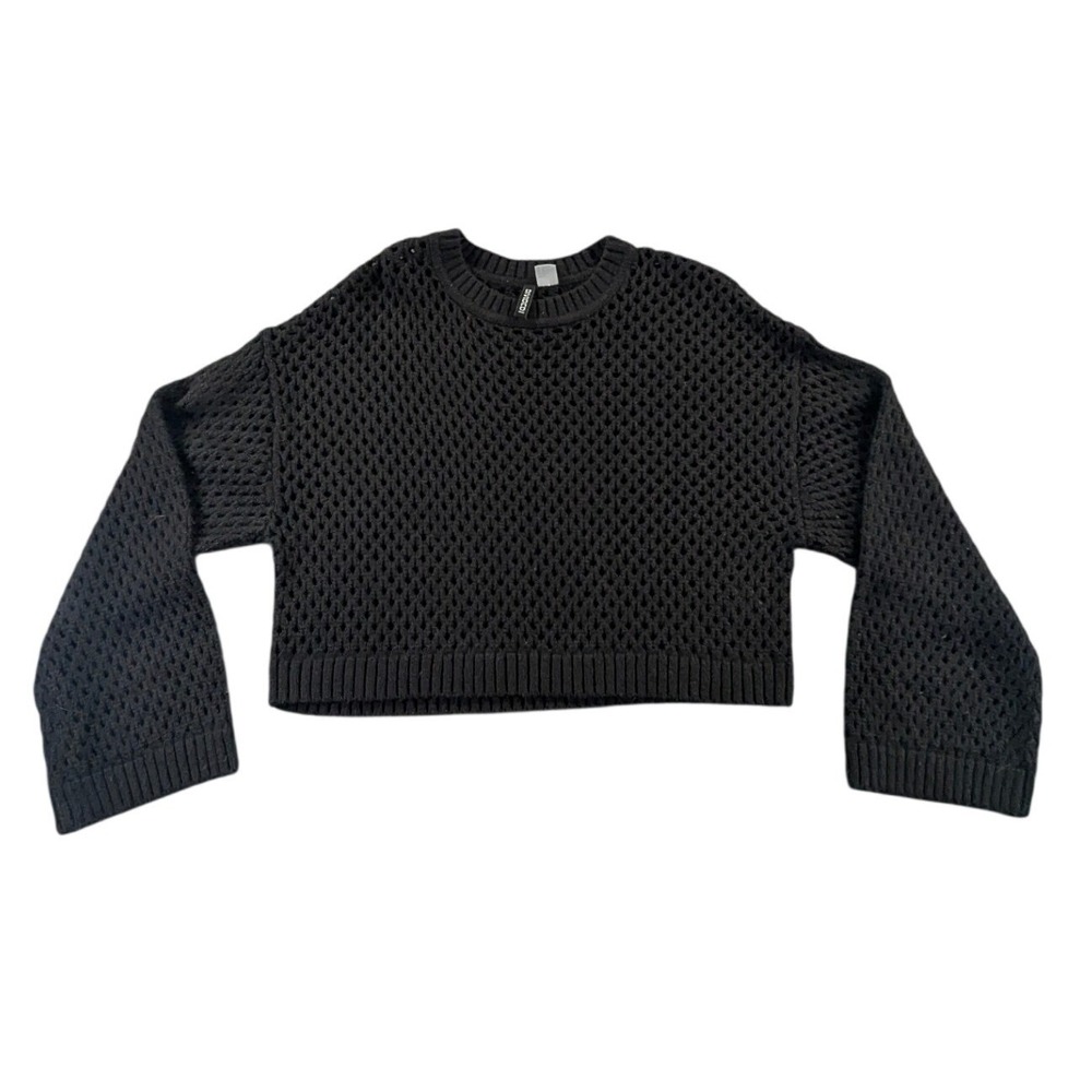 H&M‎ Divided Black Open Knit Cropped Sweater Size M Mesh Boho Minimalist Goth